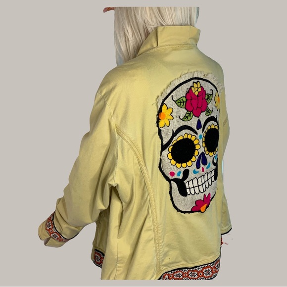 Colorful Upcycled Yellow Jacket with Large Skull Embellishments - Picture 2 of 7